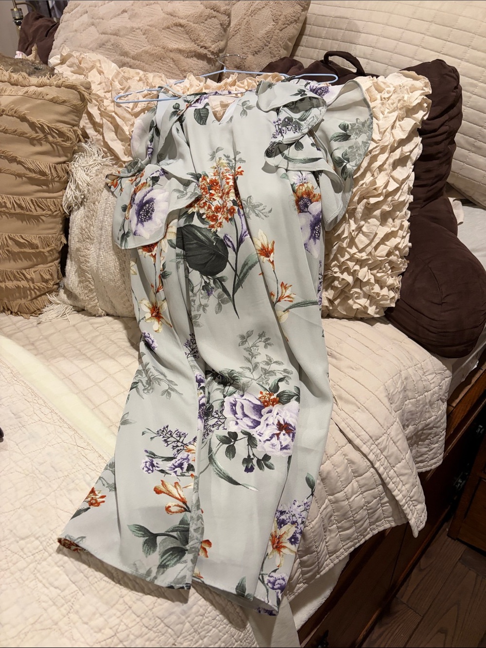 Light Sage Floral Maxi Dress with Ruffle Sleeves